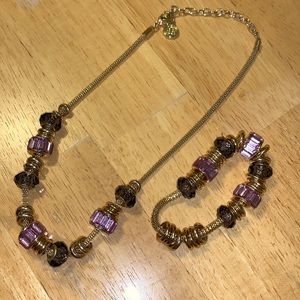 Gold and purple beaded necklace and bracelet set